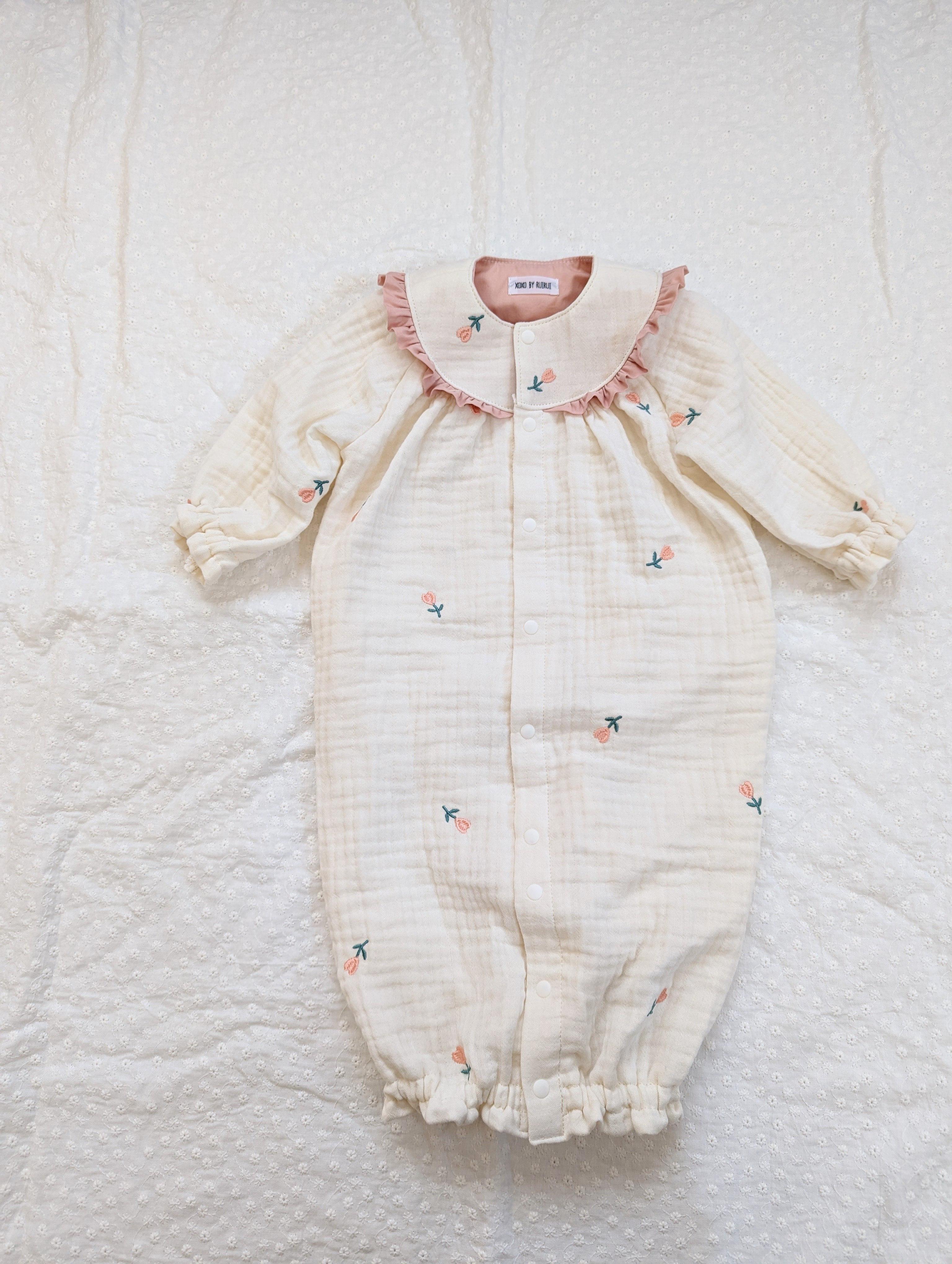 【再販5】チューリップ刺繍アイボリー 長袖2wayオール