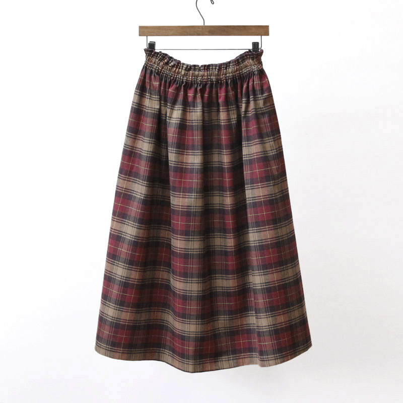 【即納】タータンチェック ロングスカート（ビスケット × ポピーレッド）チェック 起毛 ブラウン