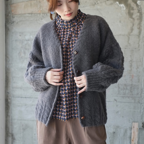 ハンドメイド 手編み ケーブル編み ニットカーディガン ウール wool