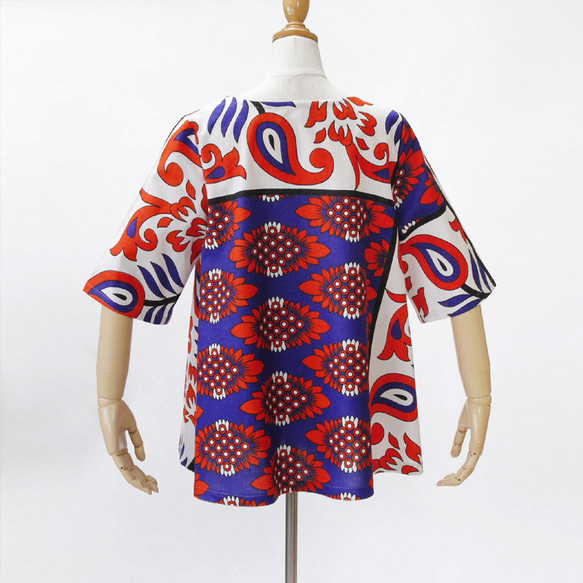 カンガのボートネックブラウス｜フレア型 アフリカ布 服 カンガ服 7枚目の画像