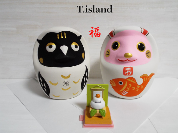 Creema限定福袋2026】＊鯛寿うさぎと福フクロウだるま＊〜素焼き置物