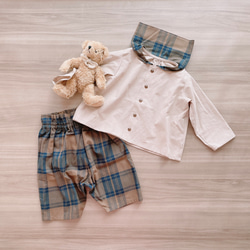 ファミリア　90サイズセット ブルーとファミリアチェックのお洋服上下セット【セーラカラーブラウス