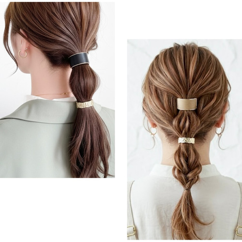 ♥️250【2点セット】革 と ゴールド の ヘアカフ / レザー ポニー