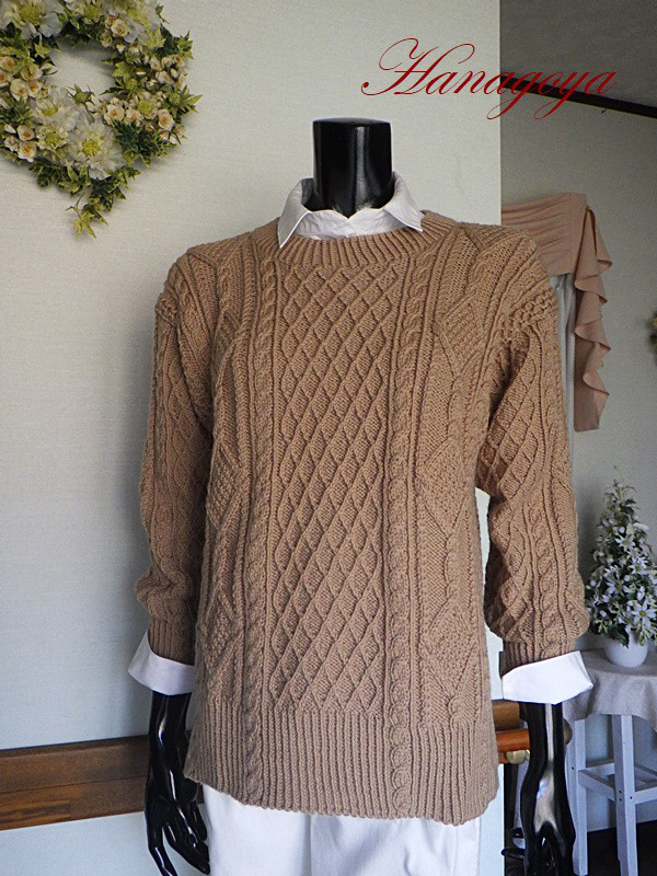 アラン編みチュニックセーター（キャメル）サイズM　ハンドメイド