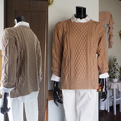 アラン編みチュニックセーター（キャメル）サイズM　ハンドメイド 5枚目の画像
