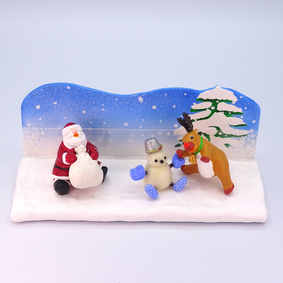 クリスマス　サンタとトナカイと雪だるまの粘土フォト＆メモスタンドB−５ 2枚目の画像