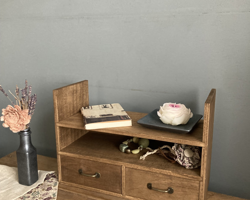 カフェスタイル アンティーク風オープンラック 小引き出し付 棚