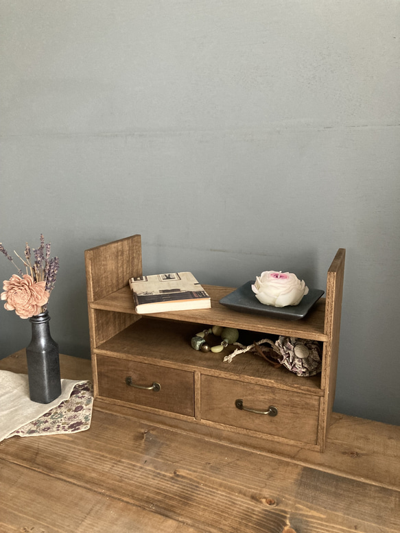 カフェスタイル アンティーク風オープンラック 小引き出し付 棚