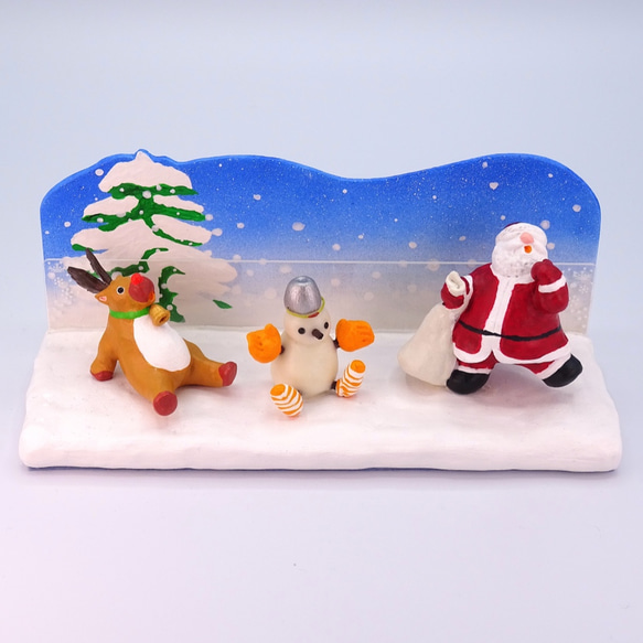 クリスマス　サンタとトナカイと雪だるまの粘土フォト＆メモスタンドB−４ 2枚目の画像