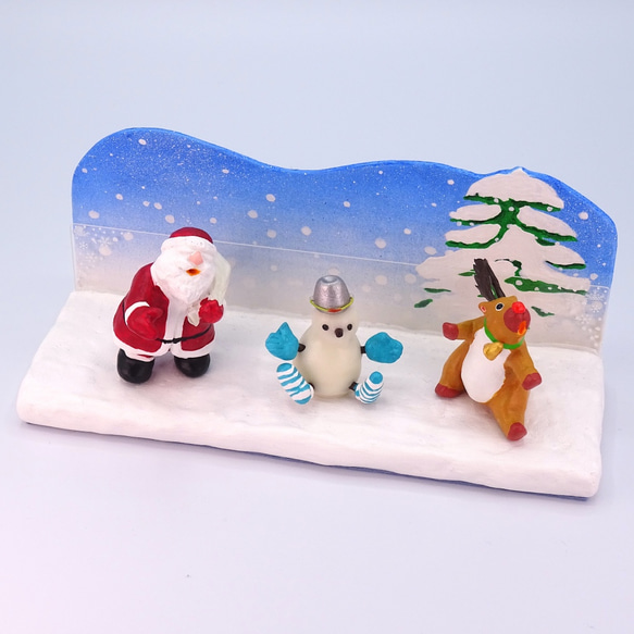 クリスマス　サンタとトナカイと雪だるまの粘土フォト＆メモスタンドB−３ 3枚目の画像