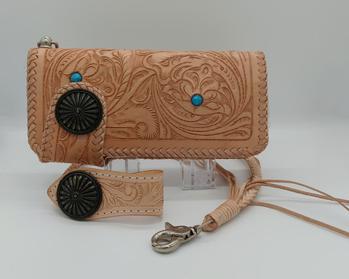 カービング財布　カービングウォレット　ターコイズ　ウォレットチェーン　セット　バイカーズ　長財布　レザー　牛革　手作り　手彫り a9aa952eea5d09854877faea8c89f5