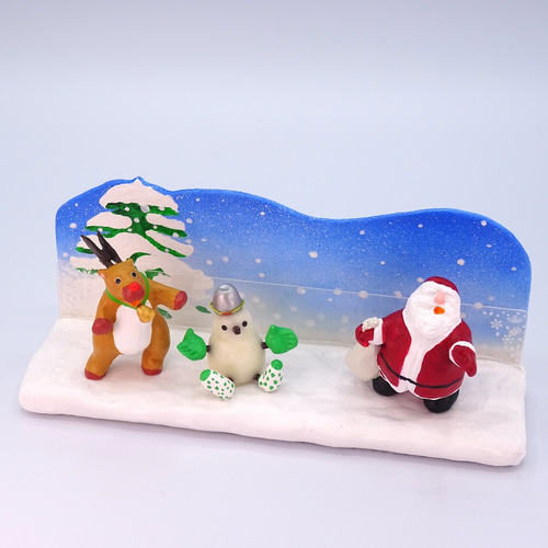 クリスマス サンタとトナカイと雪だるまの粘土フォト＆メモスタンドS
