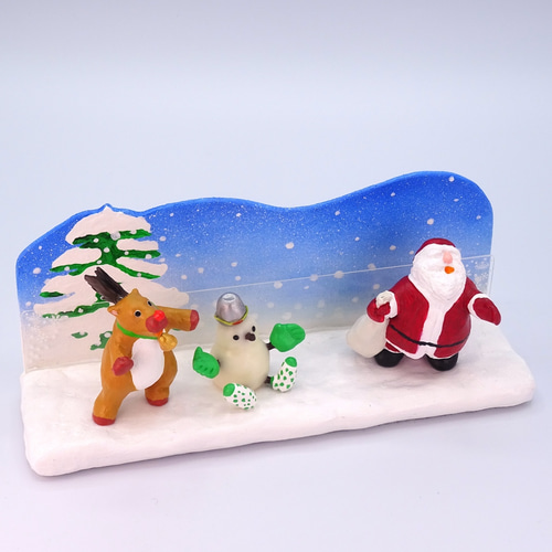 クリスマス サンタとトナカイと雪だるまの粘土フォト＆メモスタンドS