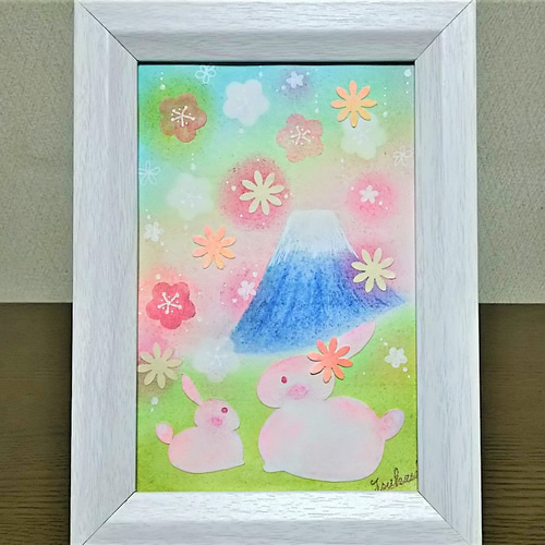 パステルアート うさぎ年寿ぐ富士山と梅の風景 2023年年賀状用イラスト