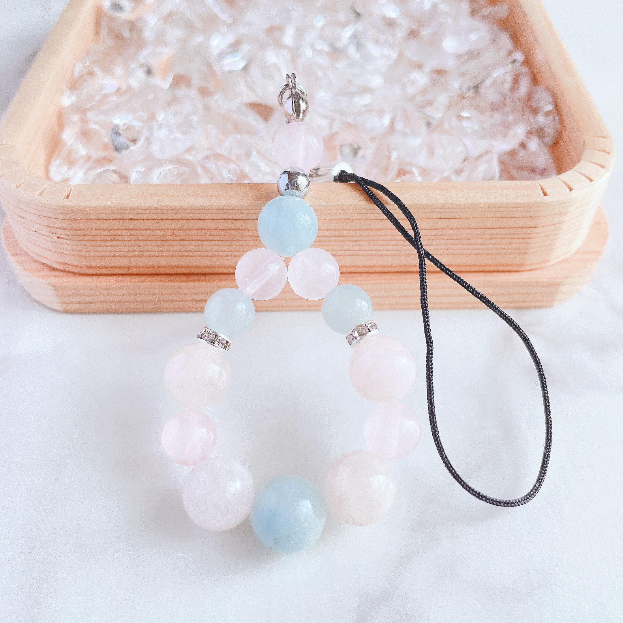 ✦大切な人と理想的な関係へ導く アクアマリン・ローズクォーツ・モルガナイト　天然石ストラップ No505S