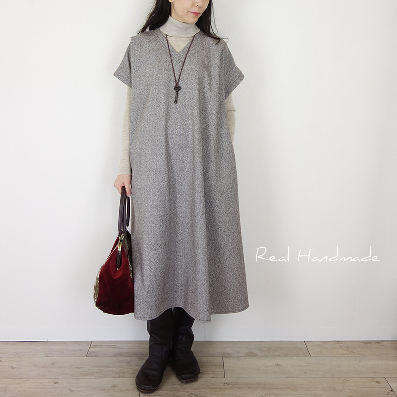 [予約販売] ウールツイードブラウン襟Vワンピース