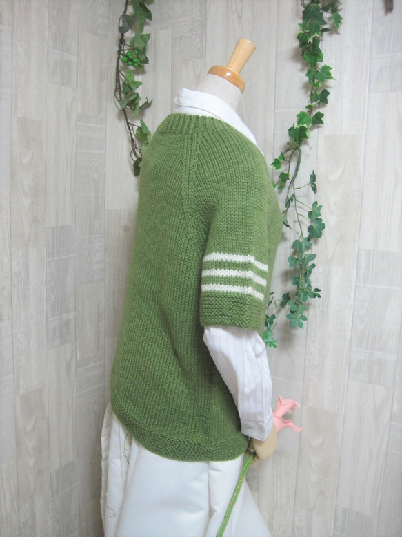 ウール100％　手編みで高品質の半袖セーター　S069 3枚目の画像