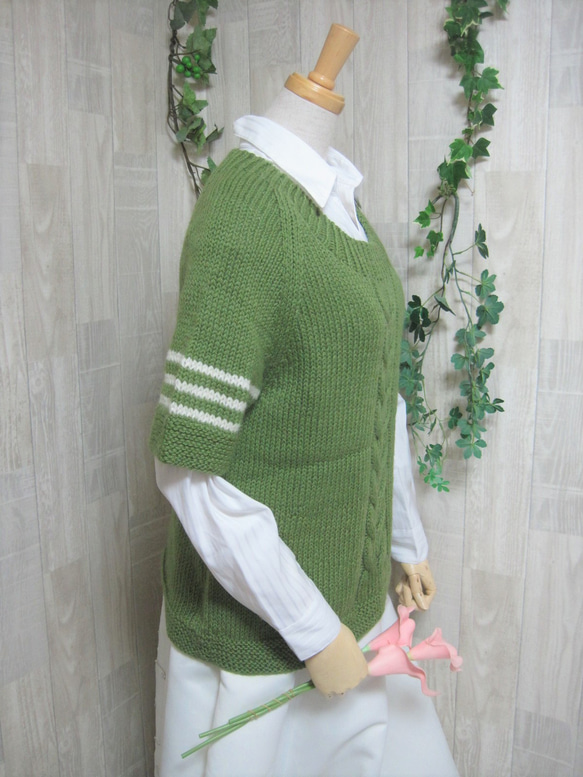 ウール100％　手編みで高品質の半袖セーター　S069 2枚目の画像
