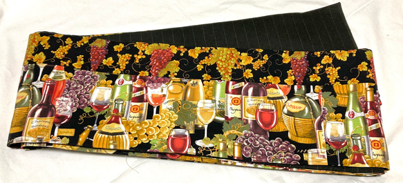 USAコットン　ボジョレー葡萄とワイン柄　半幅帯長尺 4枚目の画像