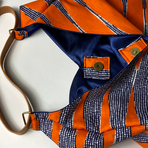 African print × Real leather Folding bag  / L/orange 3枚目の画像