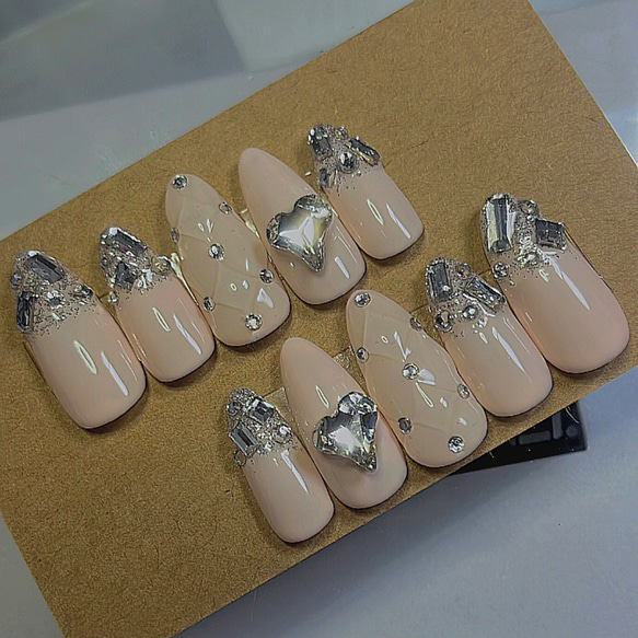 ネイルチップ ツイード キルティング 白 韓国 オーダーネイル フルオーダー No.10 キラキラ ゴージャス ワンホン♡ぷっくり キルティング