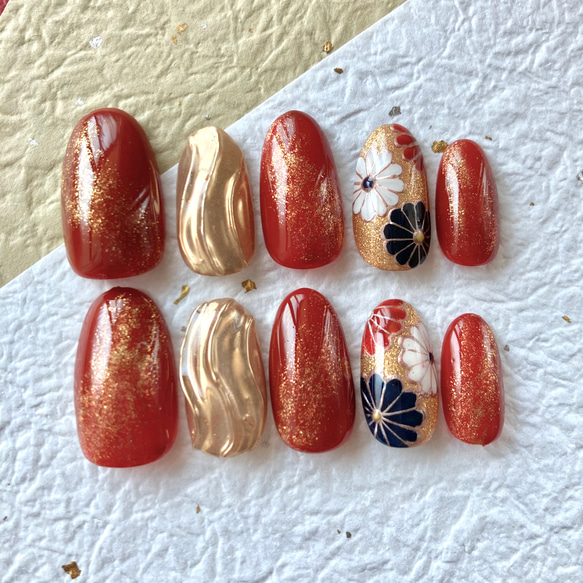 ネイルチップ 成人式 和柄 赤 花 フラワー フルオーダーネイル オーダーネイル ネイルチップ 成人式 和柄 赤 花 フラワー フルオーダーネイル