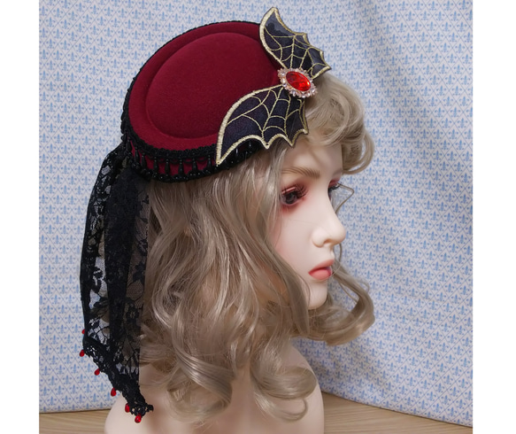 Vampire Jewel トークハット ワインレッド◇ベール ハロウィン 蝙蝠