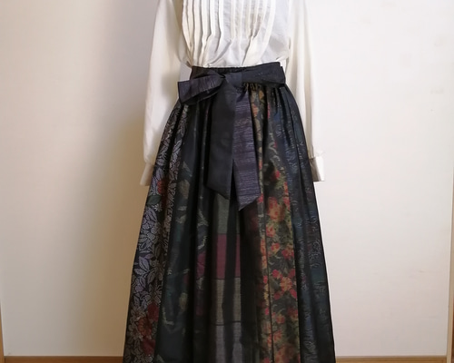 SOLD 着物リメイク ギャザースカート 大島紬 ロングスカート（マキシ丈