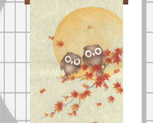 ちりめん細工　紅葉とふくろうのタペストリー ちりめん手芸キット 風物短冊 11月 ふくろうと紅葉 |生地 和柄