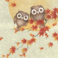 秋の壁飾り　手染め京友禅和紙タペストリー　紅葉にフクロウ 3枚目の画像