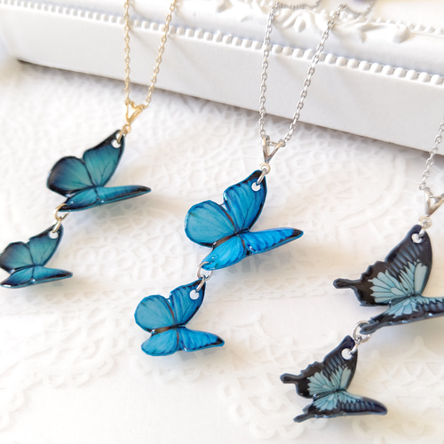 羽ばたく蝶々♪】蝶々ネックレス、蝶々ペンダント。青い蝶