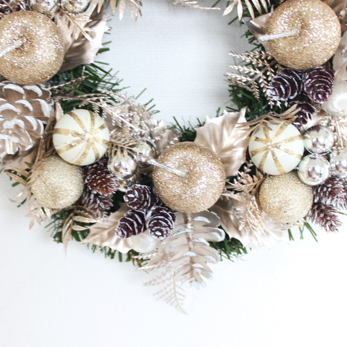 «823»◤完売◢早割りクリスマスリース*ゴールドリボン*華やかな可愛いリース 送料無料」クリスマスリース（シルバー＆シャンパンゴールド系） 直径