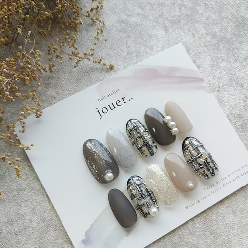 48】お洒落なブラックツイード♡ リアルツイード ラメ パール ネイル  