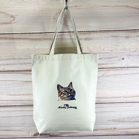猫フォトグラフ刺繍 キャンバスコットントートバッグ/エコバッグ 2枚目の画像