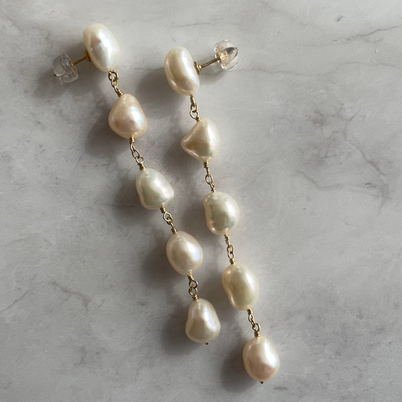 14kgf baroque pearl stud long Earrings 第10張的照片