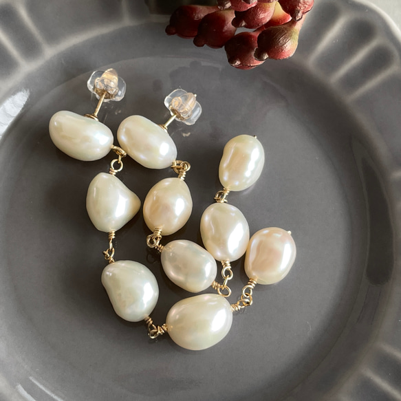 14kgf baroque pearl stud long Earrings 第2張的照片