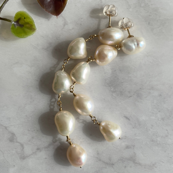 14kgf baroque pearl stud long Earrings 第4張的照片