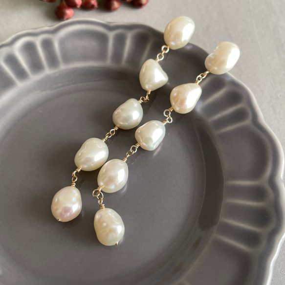 14kgf baroque pearl stud long Earrings 第1張的照片