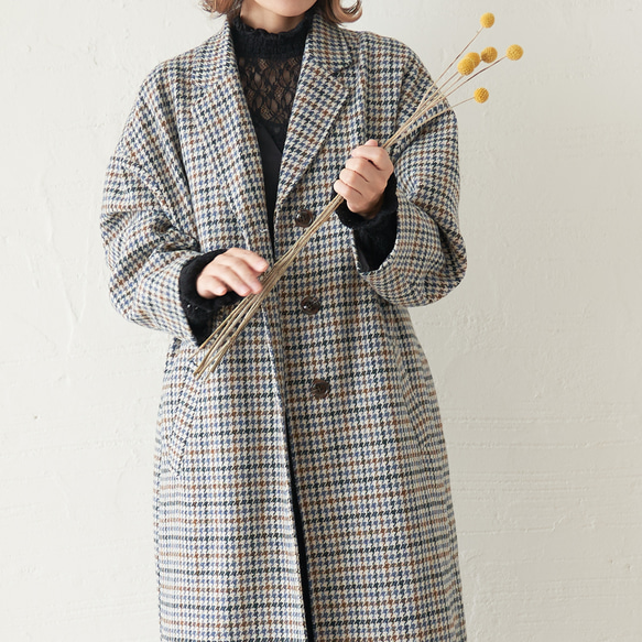 ﾓﾘﾉｶﾞｯｺｳﾓﾘﾉｶﾞｯｺｳ【Mサイズ】 暖かロングウールコート (千鳥格子チェック柄) ウールチェスターコ 1枚目の画像