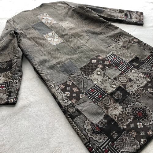 アンティーク大島紬のパッチワークコート リバーシブル 茶泥大島 龍郷