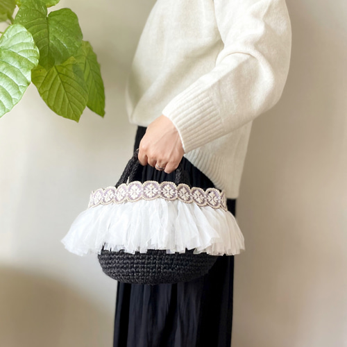 ♡刺繍リボン（パープル）&ホワイトフリンジ♡麻ひもバッグ かごバッグ 