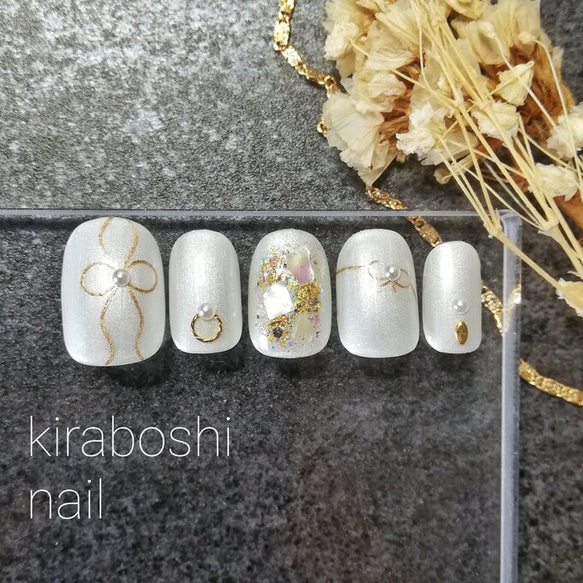 ゴールドリボンネイル【注文時サイズ必須です♡【vol.8R②】白無垢  