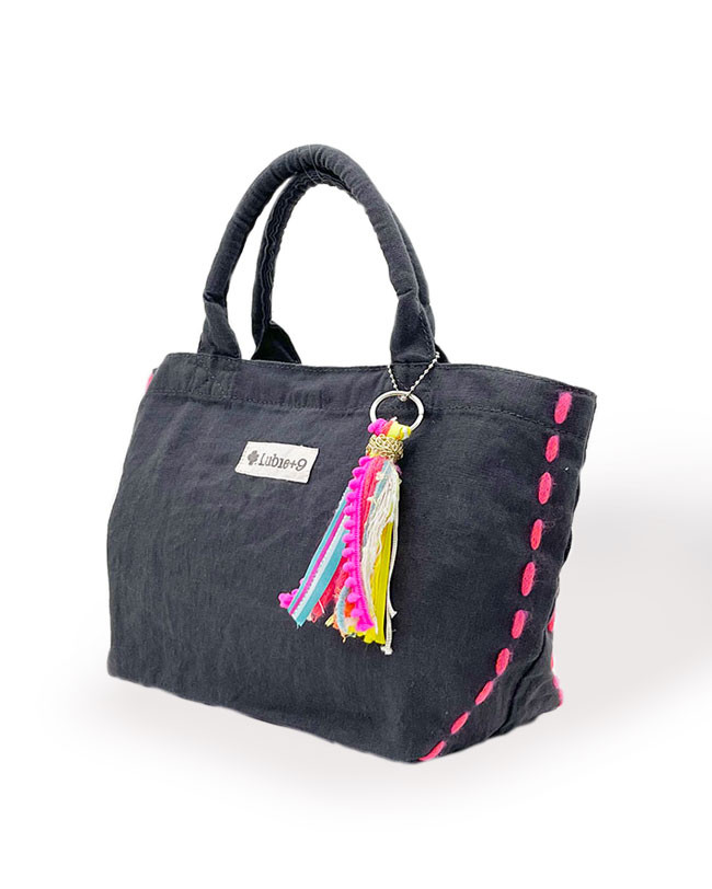 麻 MINIトートBAG　Charcoal×Pink チャーム付き