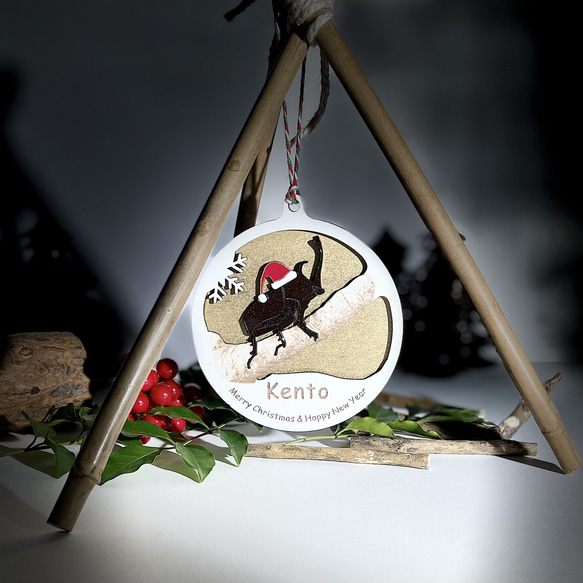 虫たちのクリスマス☆奇跡の越冬　名入れ　クリスマスオーナメント　カブトムシ　てんとう虫　置台付き 6枚目の画像
