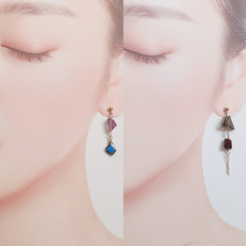 タンブルカットストーンのアシンメトリーピアス/イヤリング＊14kgf 