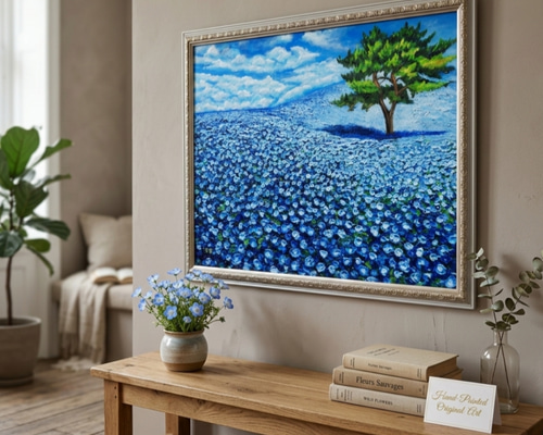 油絵 絵画【蒼天と青い花】F4号 ネモフィラ 額縁なし（壁掛け金具付き） 油絵 油彩 油彩画 絵 絵画【ネモフィラの田んぼに輝く天の川】 | iichi