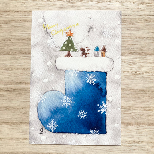 水彩画「クリスマス人形」 透明水彩画「豆柴ちゃんと雪遊び」イラスト ミニ額 クリスマス