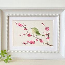 透明水彩画 A4ポスター「梅とうぐいす」イラスト ポスター 花 鳥