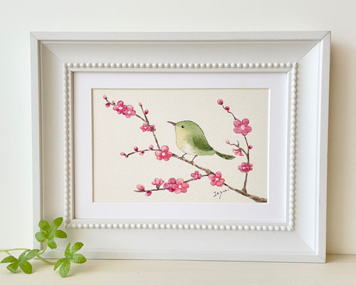 透明水彩画 A4ポスター「梅とうぐいす」イラスト ポスター 花 鳥