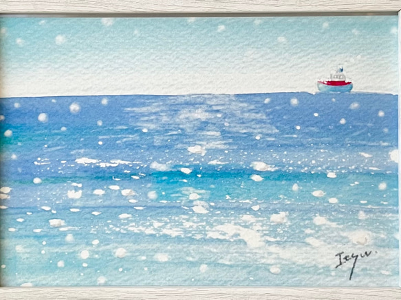 透明水彩画　A4ポスター「冬の海」イラスト　インテリアポスター　アートポスター　船　ナチュラルインテリア 2枚目の画像
